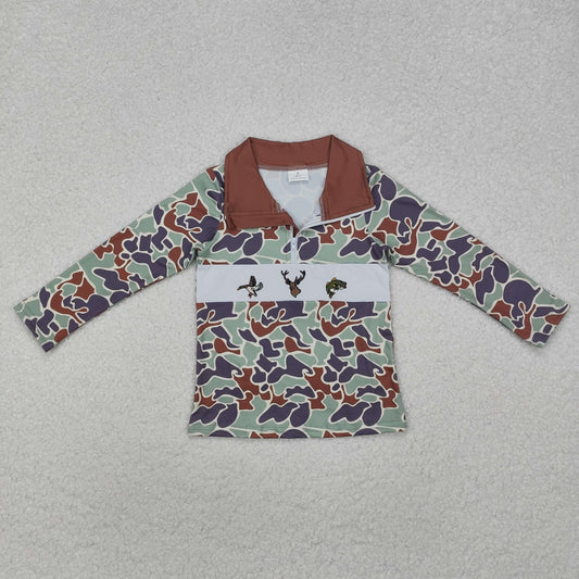 RTS NO MOQ ETA 5/7days Arrived BT0902 Embroidered duck elk fish camouflage brown-green zippered long-sleeved top