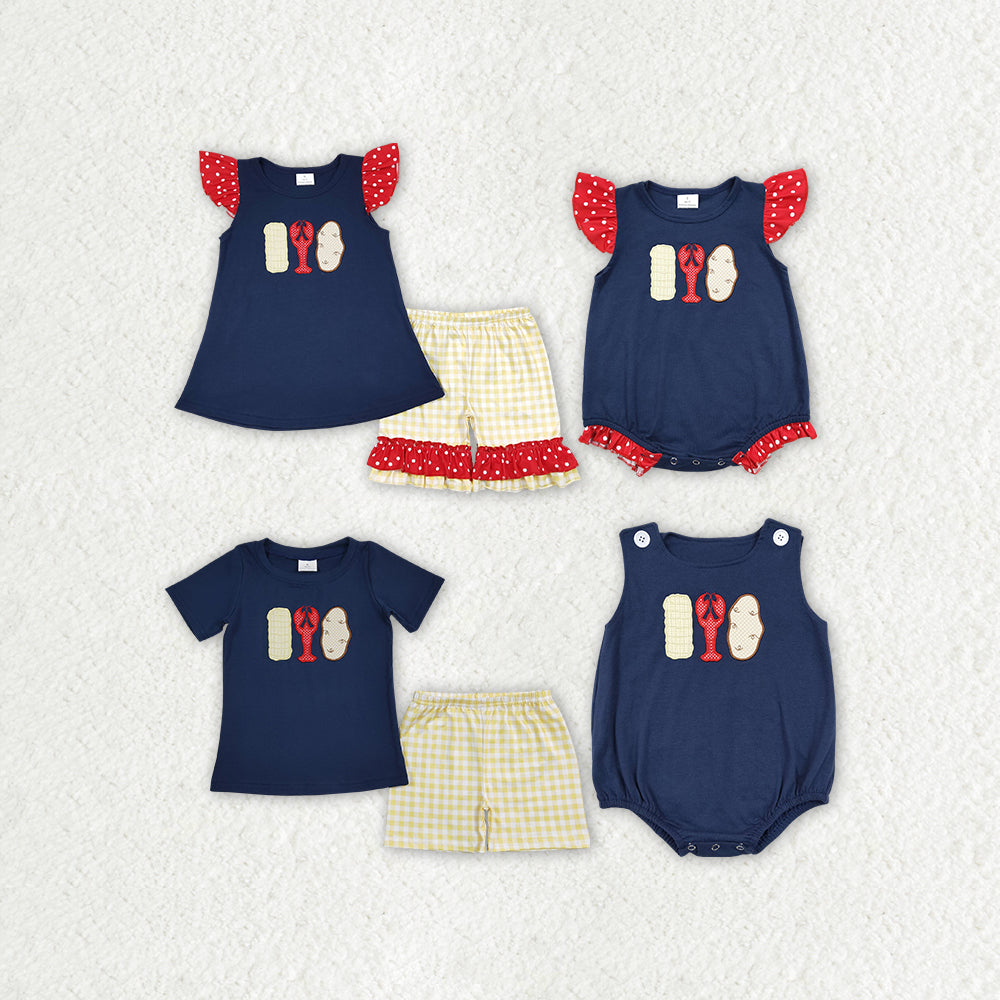 RTS NO MOQ Embroidery crayfish short-sleeved shorts suit & short-sleeved sets and romper