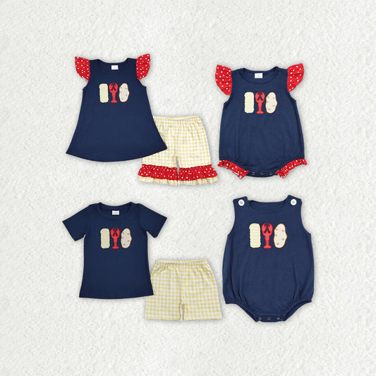 RTS NO MOQ Embroidery crayfish short-sleeved shorts suit & short-sleeved sets and romper