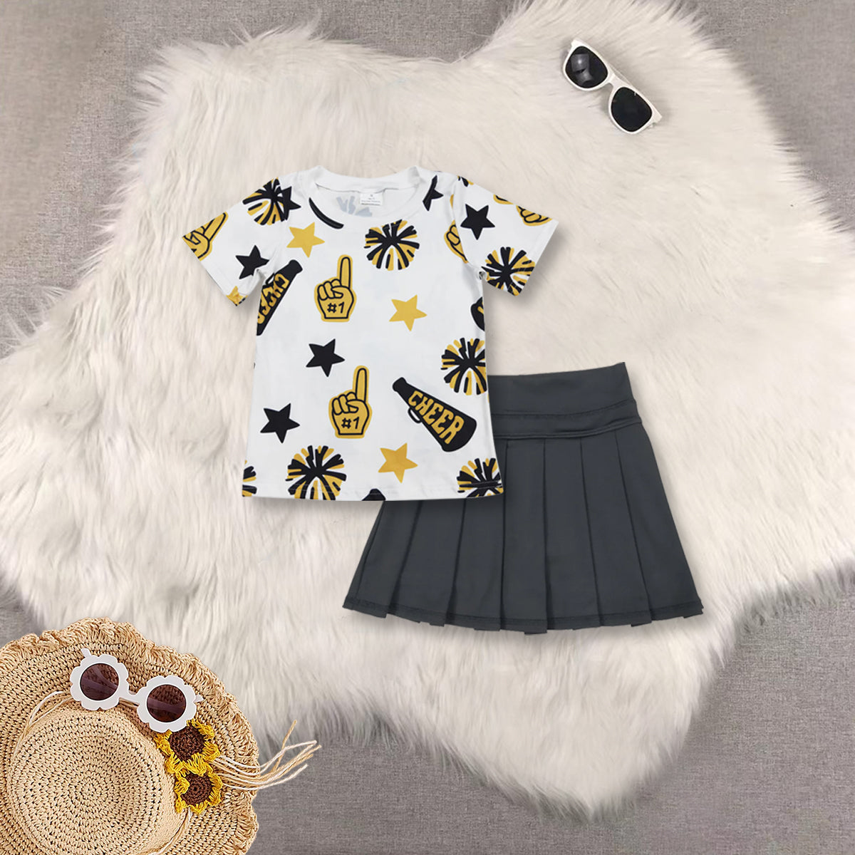 RTS NO MOQ Sibling baby girls clothes Cheer fireworks star white short-sleeved top skirt sets
