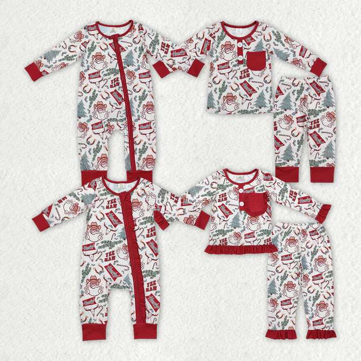 RTS NO MOQ Cowboy Hat Santa Red Long Zip-Up Romper & Long Sleeve Set: Boys & Girls