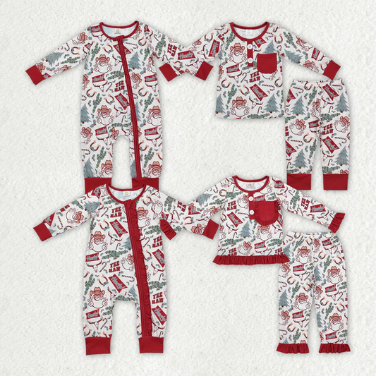 RTS NO MOQ Cowboy Hat Santa Red Long Zip-Up Romper & Long Sleeve Set: Boys & Girls