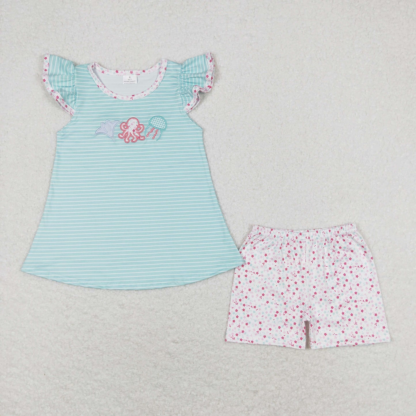 rts no moq GSSO0833 Embroidered octopus jellyfish striped teal flying sleeve star shorts suit