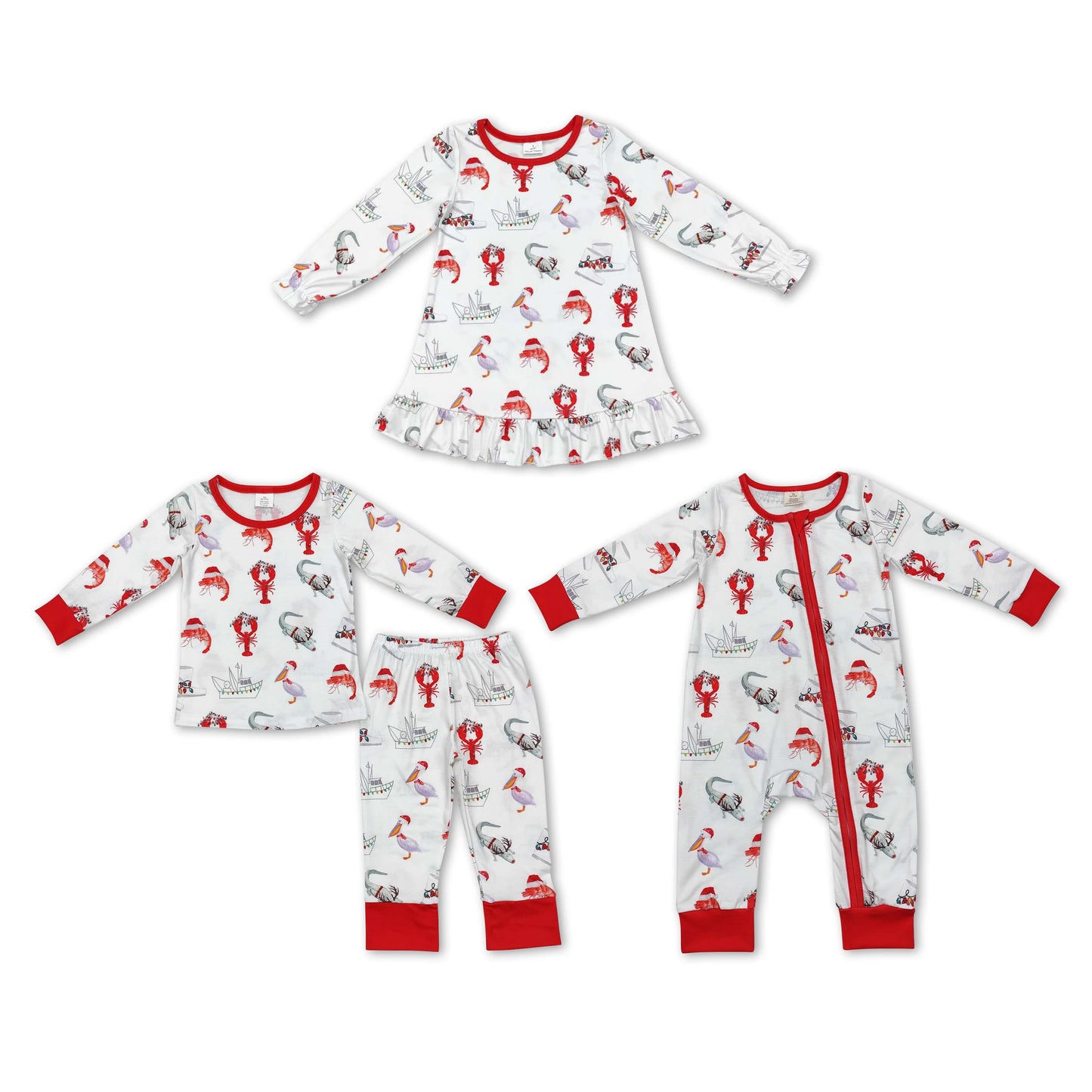 RTS NO MOQ GLD0687 LR1399 BLP0674  Red Santa Hat Crayfish-Duck Pattern White Long Sleeve Suit & Crawling Suit & Dress