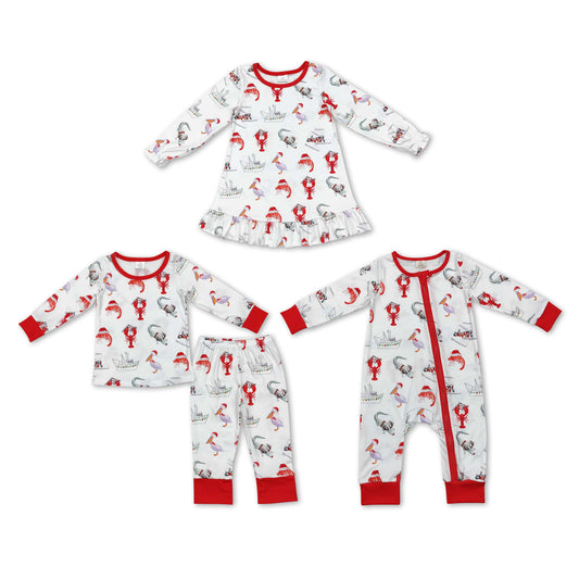 RTS NO MOQ GLD0687 LR1399 BLP0674  Red Santa Hat Crayfish-Duck Pattern White Long Sleeve Suit & Crawling Suit & Dress