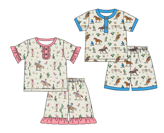 12.16 custom each style moq 5eta 4-6week Sibling Sister riding horse baby girl short sleeve shorts sets and sets 2 match design