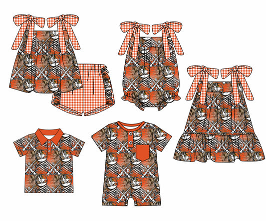 12.2 custom each style moq 5eta 4-6week Sibling Sister HUNT baby girl short sleeve shorts sets and sets 2 and girls romper and boy romper and dress match design