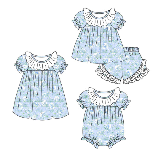 11.3 custom each style moq 5eta 4-6week Sibling Sister floral blue baby girl short sleeve shorts sets and dress and rompers match family design