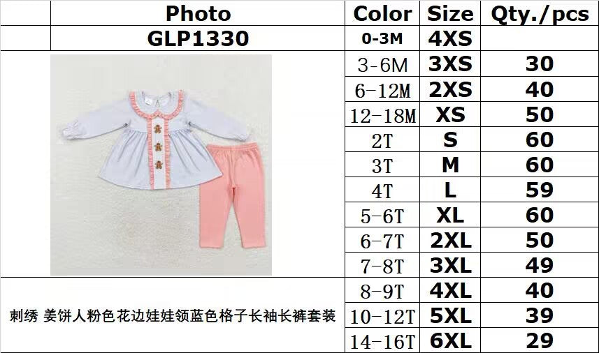 rts no moq GLP1330 embroidery gingerbread man pink lace doll collar blue plaid long-sleeved trousers set