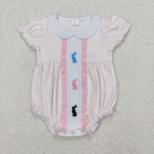 RTS NO MOQ ETA 5/7days arrived SR2545 Embroidery Easter Bunny Pink Polka Dot Lace Doll Collar White Short Sleeve Bodysuit
