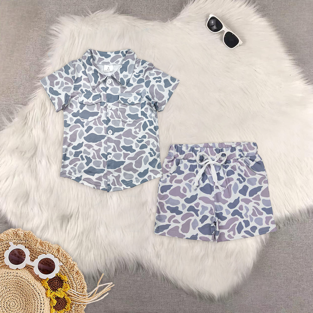 RTS NO MOQ SS0140  BT1202 Grey Camouflage Pocket Button Short Sleeve boys sets