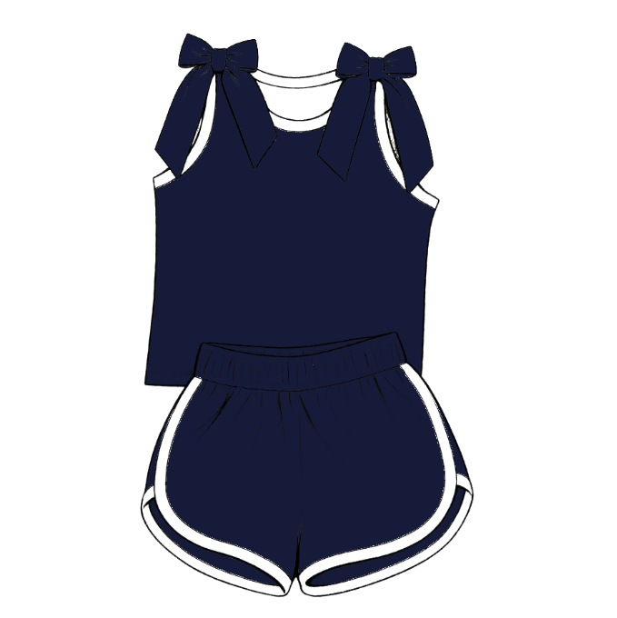 custom moq 5 mix size Baby Girls Navy Blue Bow Sleeveless Top Shorts Summer Casual Clothes Set