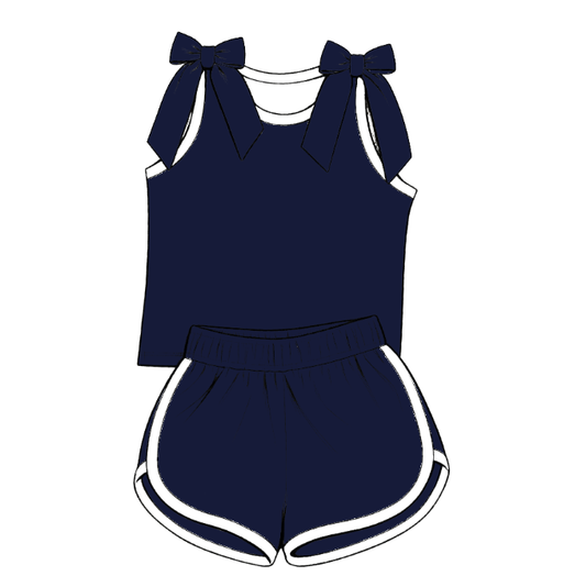 custom moq 5 mix size Baby Girls Navy Blue Bow Sleeveless Top Shorts Summer Casual Clothes Set