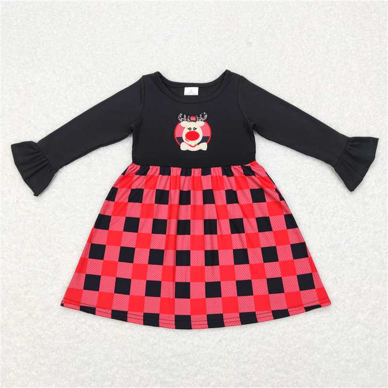 RTS NO MOQ（In Stock) GLD0423 baby clothing embroidery Christmas deer long sleeve dress