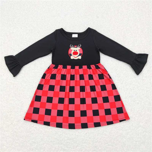 RTS NO MOQ（In Stock) GLD0423 baby clothing embroidery Christmas deer long sleeve dress