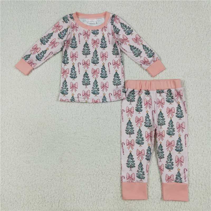 Baby Girls Christmas Trees Bows Collection - Pink Trim Lounge Set & Double Zipper Romper