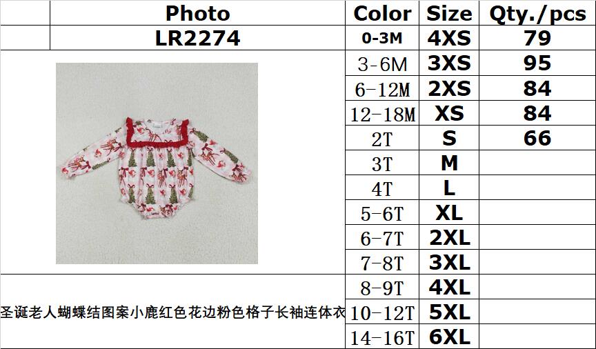 RTS NO MOQ LR2274 Santa Claus bow pattern deer red lace pink plaid long sleeve jumpsuit