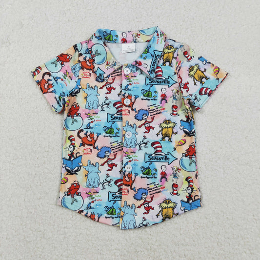 RTS NO MOQ（In Stock) Dr. Seuss Elephant Fish Tank Colorful Button-Up Short-Sleeve Top