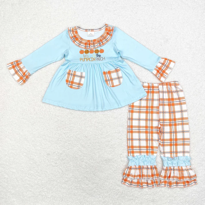 RTS NO MOQ Sibling baby girl clothes halloween pumpkin bow long sleeve pants Sets