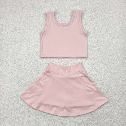 RTS NO MOQ GSD1977 Solid lotus pink sleeveless skirt yoga suit