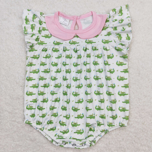 SR1068 Crocodile pink baby doll collar white tank top bodysuit