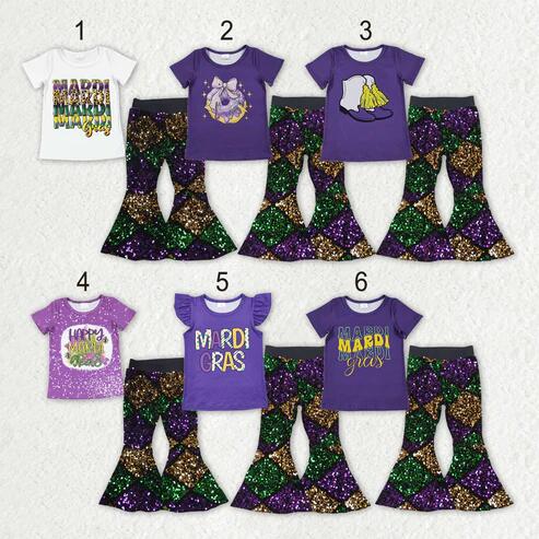 RTS NO MOQ Sibling Baby Girls Mardi Gras Outfit Top with Bell Bottom Pants Clothing Set for Infants