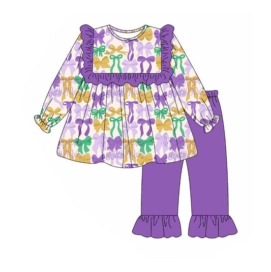 25.9.4 custom each style moq 5eta 4-6week Sibling Sisters mardi gras bow baby girl long sleeve pants sets and dress and rompers match family design