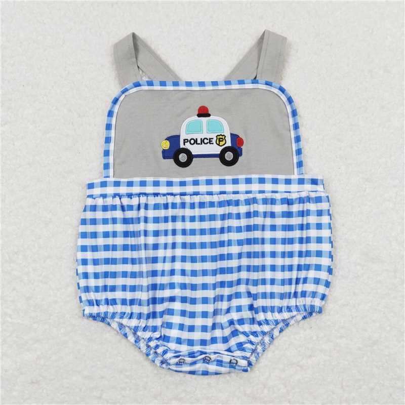 Baby boys police car prints solid color blue plaid Sibling Sister Clothes Sets