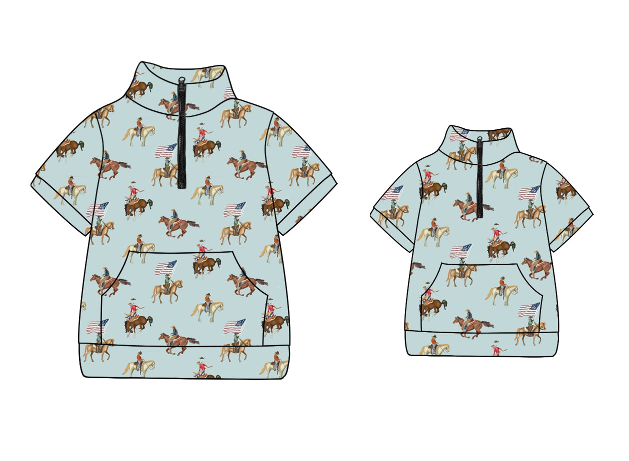 11.26 custom each style moq 5eta 4-6week Sibling Sister riding horse kids short sleeve top and adult short sleeve top match design