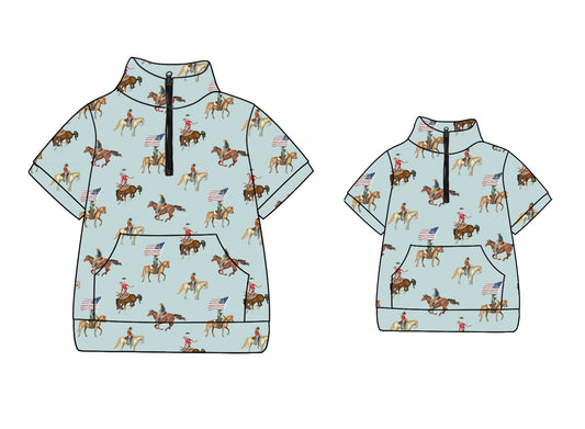 11.26 custom each style moq 5eta 4-6week Sibling Sister riding horse kids short sleeve top and adult short sleeve top match design