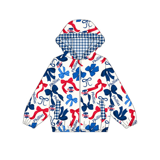 Custom moq 8 mix size milk silk summer team baby girls clothes bow red blue hooded long sleeve top-25.9.19