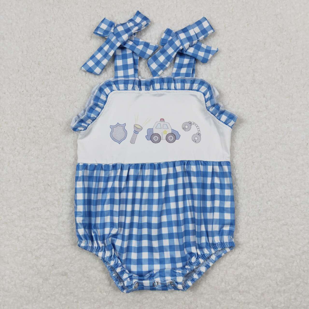 RTS NO MOQ（In Stock) police flashlight blue and white plaid lace camisole jumpsuit