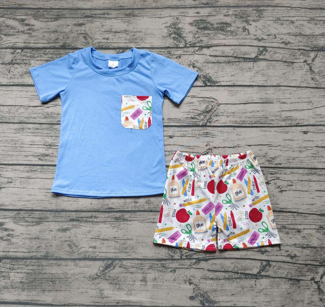 Pencil Apple Glue Blue Pocket Short Sleeve Short Set