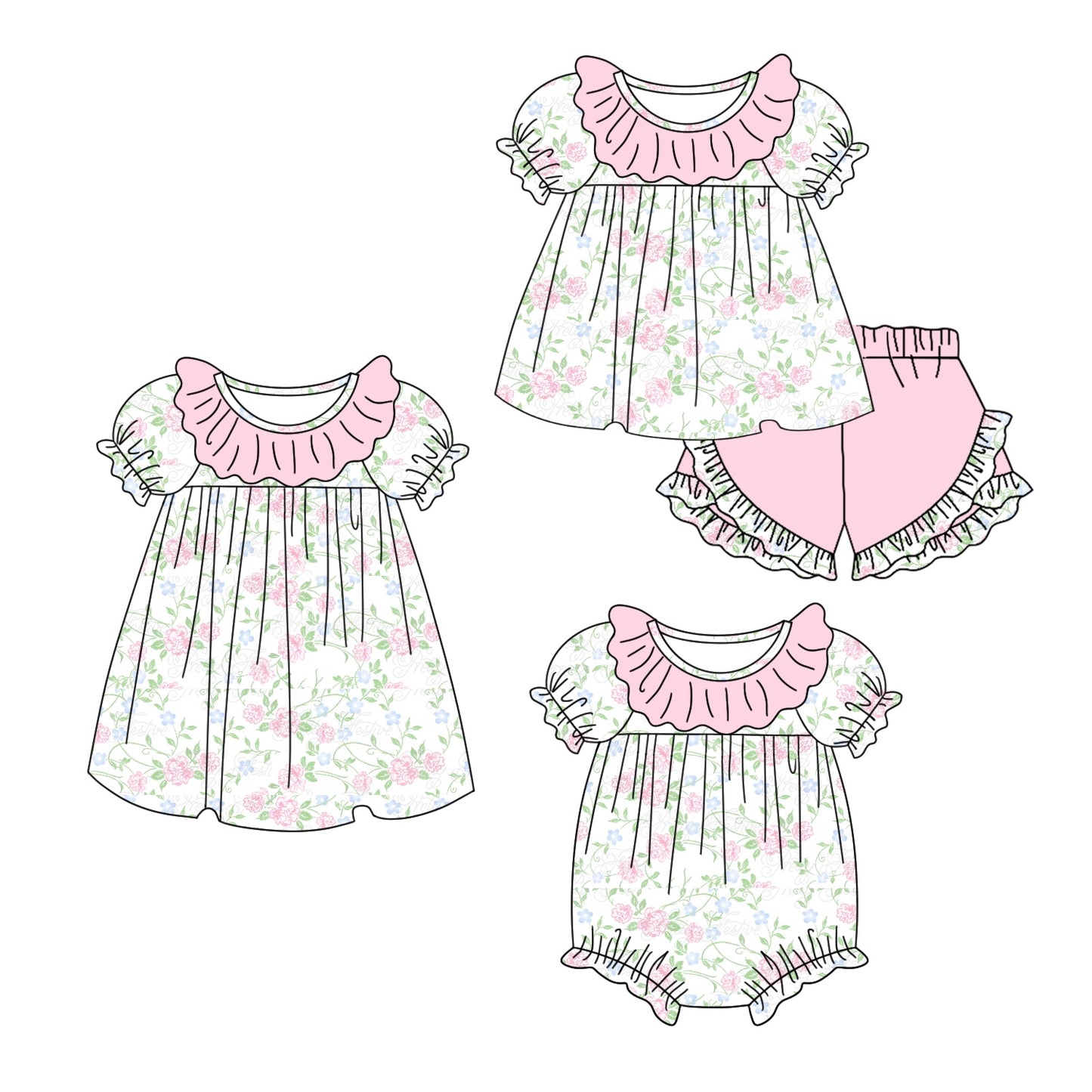 11.3 custom each style moq 5eta 4-6week Sibling Sister floral pink baby girl short sleeve shorts sets and dress and rompers match family design
