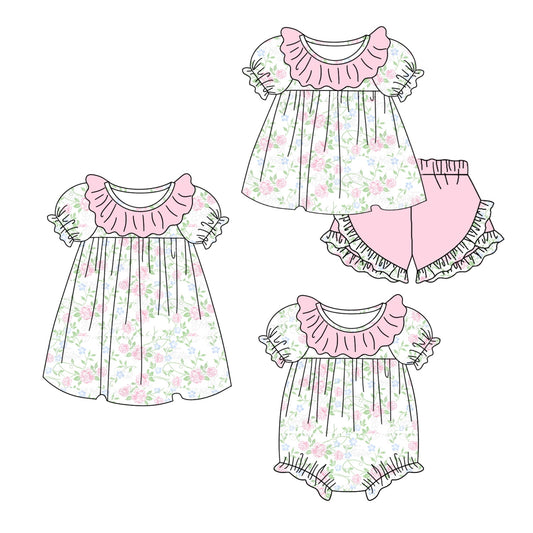 11.3 custom each style moq 5eta 4-6week Sibling Sister floral pink baby girl short sleeve shorts sets and dress and rompers match family design
