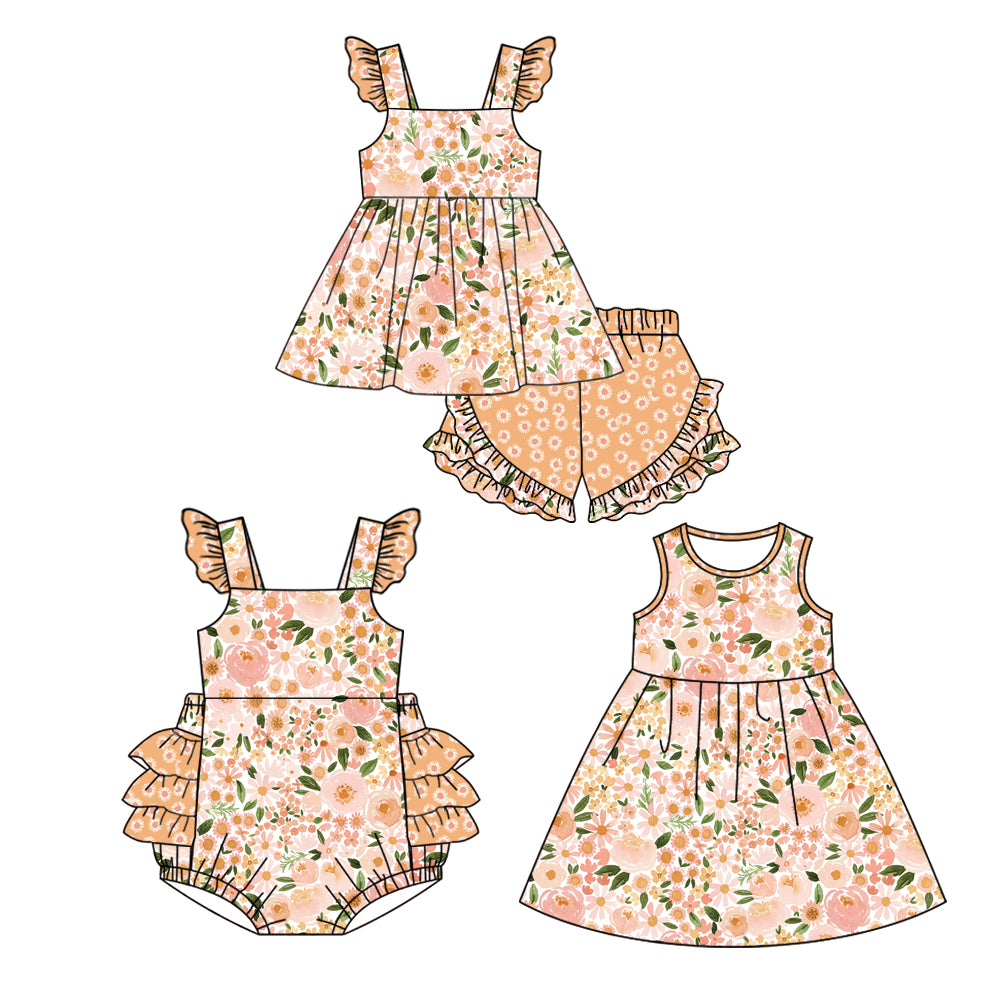 12.10 custom each style moq 5eta 4-6week Sibling Sister floral baby girl short sleeve shorts sets and dress and rompers match family design