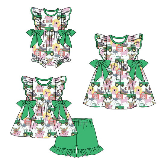 11.30 custom each style moq 5eta 4-6week Sibling Sister farm baby girl short sleeve shorts sets and dress and rompers match family design