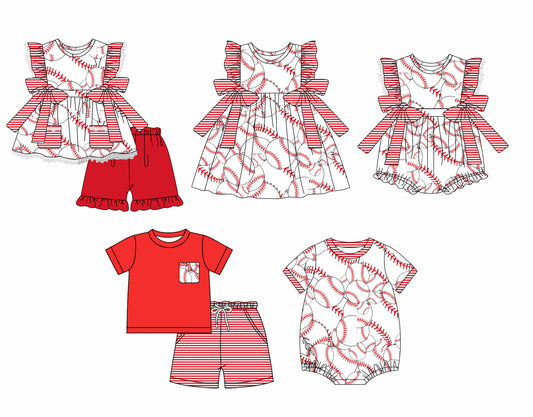 12.2 custom each style moq 5eta 4-6week Sibling Sister baseball baby girl short sleeve shorts sets and sets 2 and girls romper and boy romper and dress match design