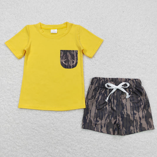 BT0604 +SS0201  Antler Camouflage Pocket Beige Short Sleeve Top shorts （3/6m-7/8t）