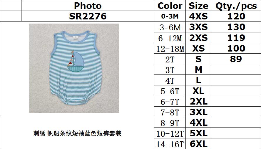 RTS NO MOQ ETA 5/7days arrived SR2276 Embroidered sailboat striped short-sleeved blue shorts set