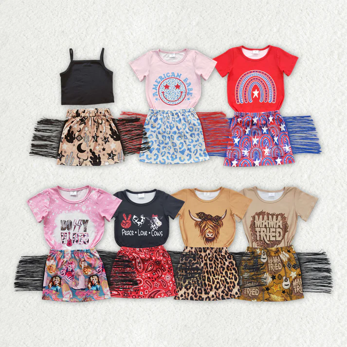RTS NO MOQ Baby girl clothes tassel Short Sleeve shorts Suit