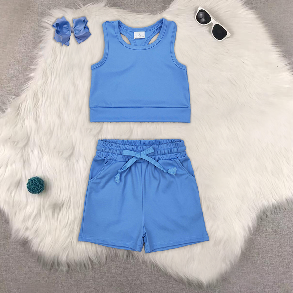 RTS NO MOQ baby girls Clothes yoga solid color short sleeve shorts Sets