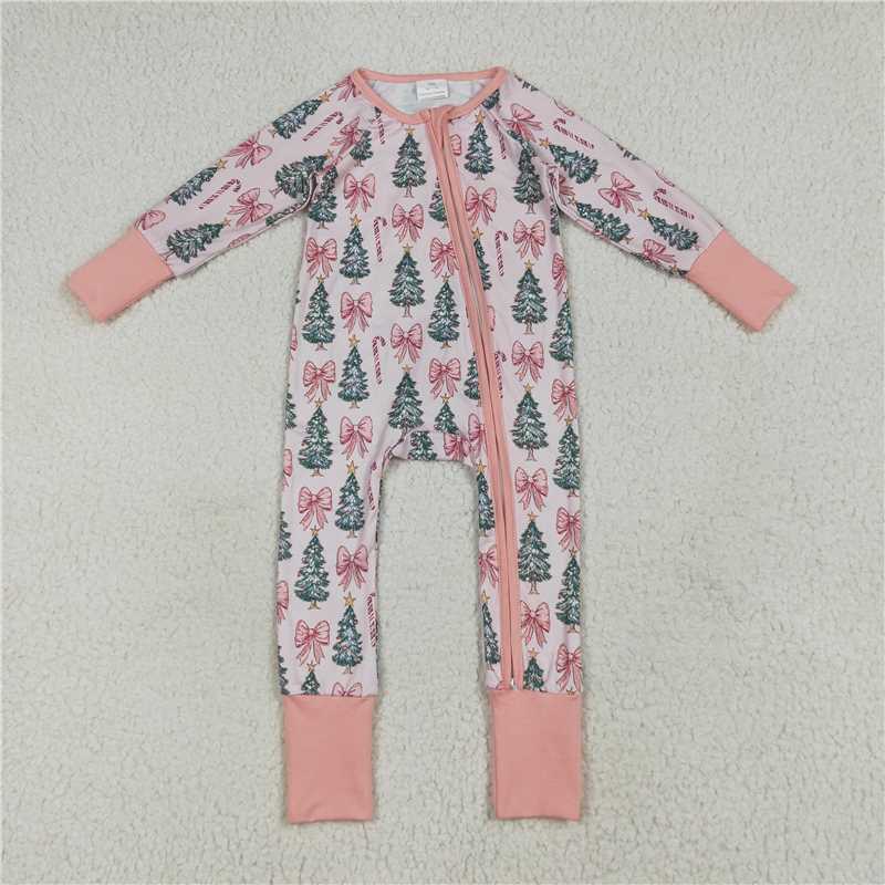 Baby Girls Christmas Trees Bows Collection - Pink Trim Lounge Set & Double Zipper Romper