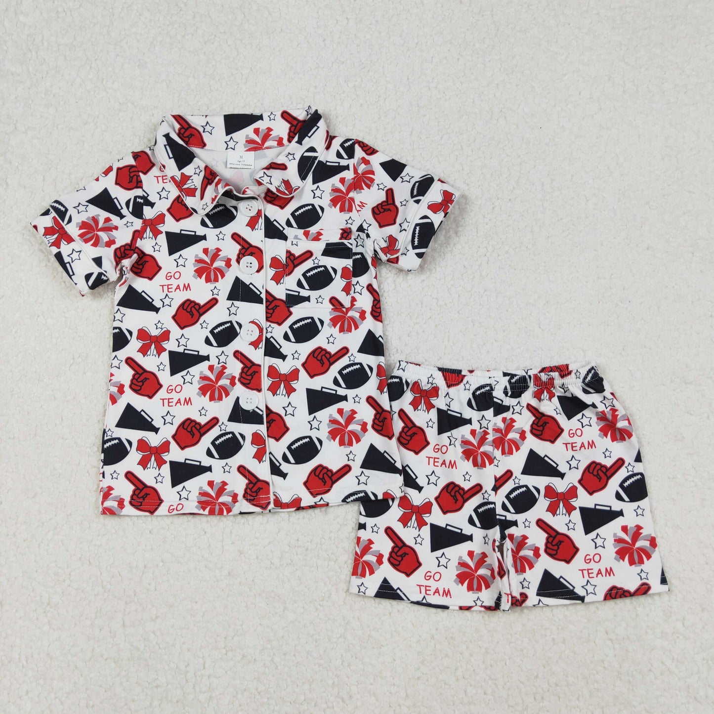 RTS NO MOQ（In Stock) GSSO2674 go Team red hand gesture trumpet star bow pattern short-sleeved shorts pajama set