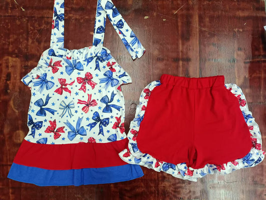 Custom moq 3 eta 6-7weeks baby girls clothes bow suspender shorts sets