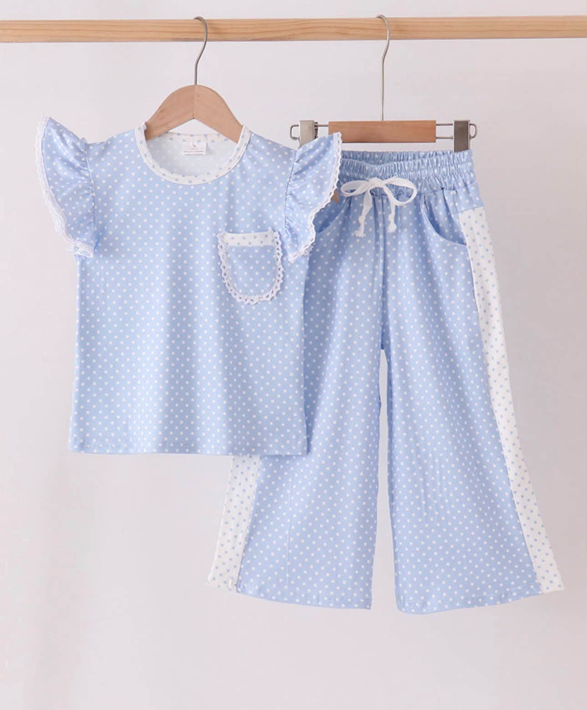 NEW RTS NO MOQ milk silk GSPO2331 Baby Girls Light Blue Polka Dots Print Pocket Long Sleeve Top Bell Bottom Flare Pants Outfit