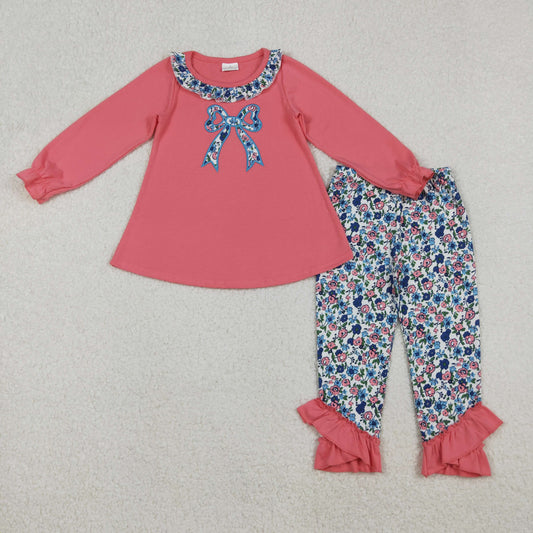 RTS NO MOQ（In Stock) GLP2777 Pink Long-Sleeve Pantsuit with Embroidered Bow Pattern and Floral Lace