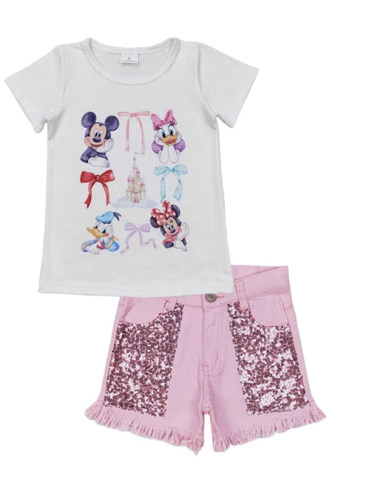 RTS NO MOQ GT0570+SS0230 White Dream Bow Short Sleeve Top in White Pink Sequin Denim Shorts sets