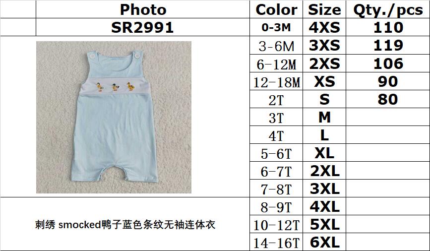 RTS NO MOQ SR2991 Embroidered smocked duck blue striped sleeveless bodysuit