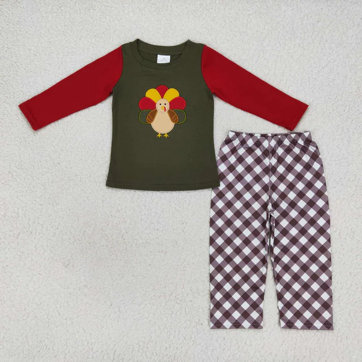 RTS NO MOQ Sibling Baby boy clothes Embroidery turkey long-sleeved trousers suits